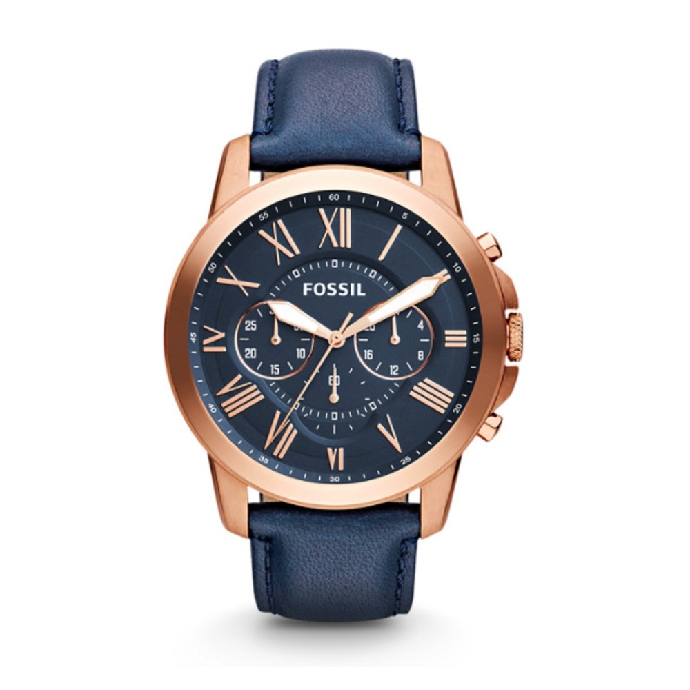Mens Fossil - Grant Chronograph Navy Leather Watch